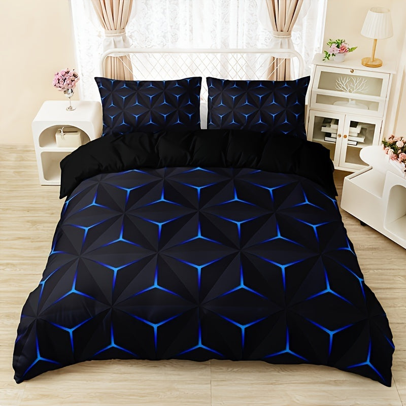 3D Blue Geometric 3-Piece Duvet Cover Set
