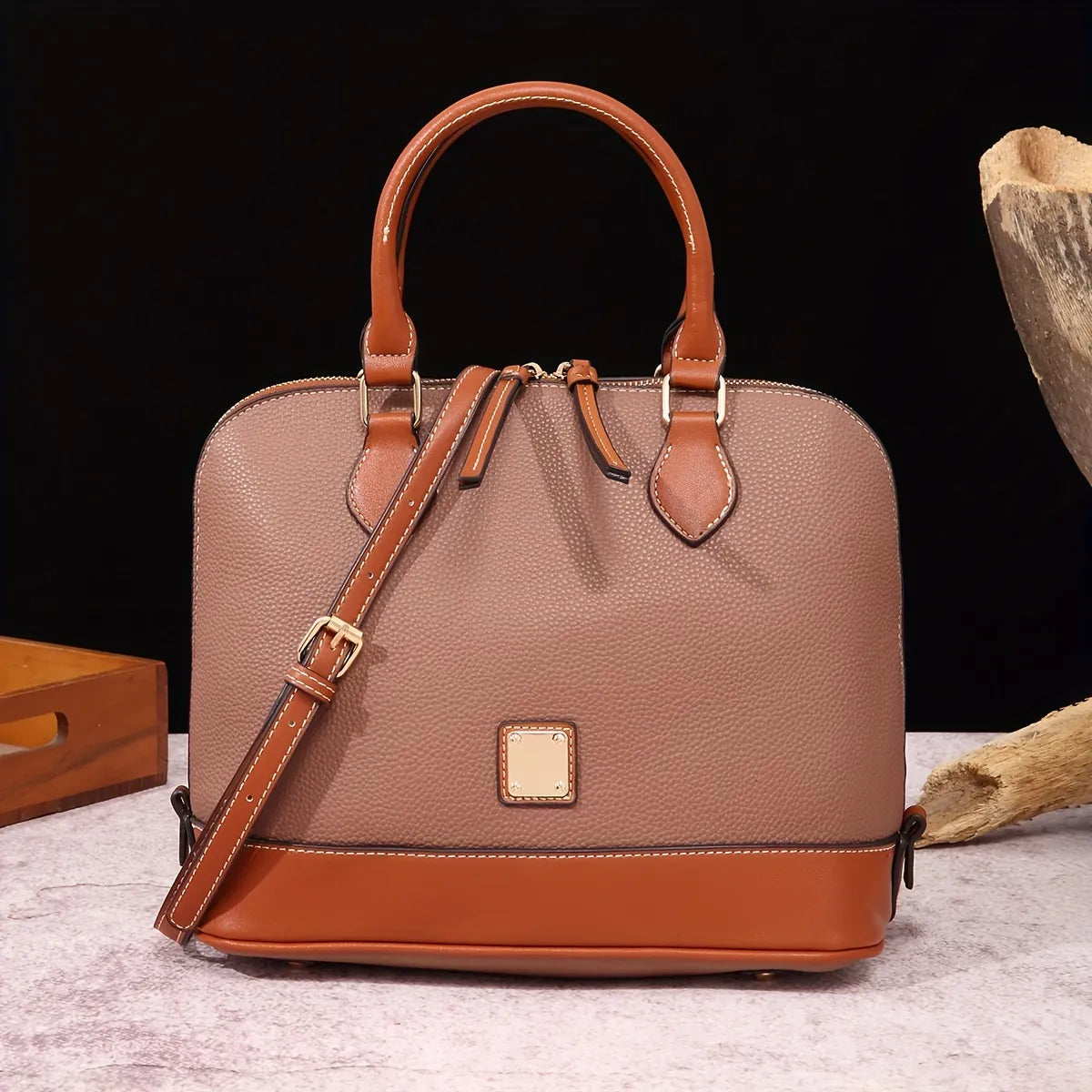 Structured Lychee Pattern Vegan Leather Handbag with Contrast Trim
