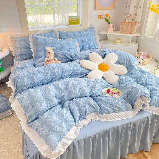 Elegant lace plaid bedding set in romantic pastel pink for feminine bedroom decor