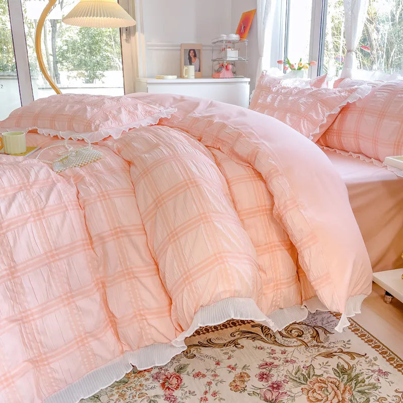 Beautiful lace-trimmed quilt cover set perfect for romantic bedroom style