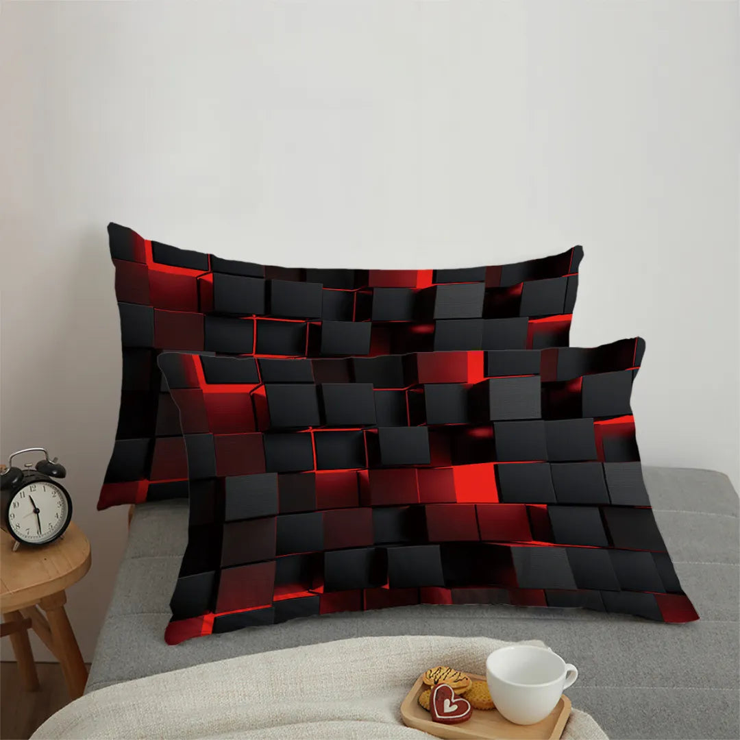 Modern 3D duvet cover set styled in a dark bedroom with city night view