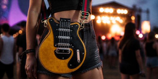 Guitar shaped crossbody bag with rockstar vibes for music festivals and concerts