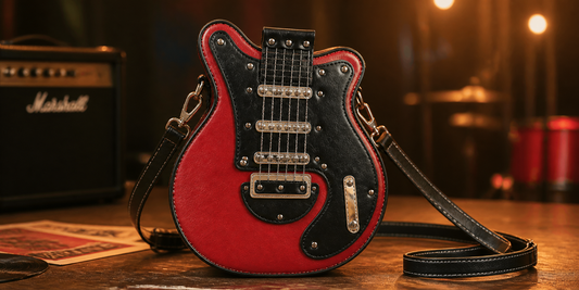 Red guitar shaped novelty purse that fits phone and daily essentials