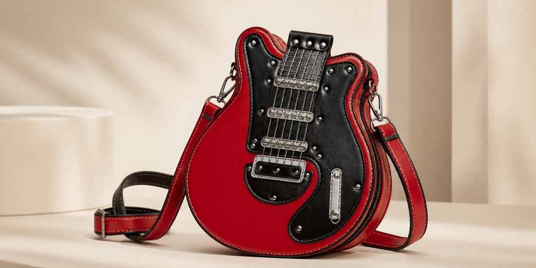 Red statement purse with black jeans - bold guitar shaped crossbody bag