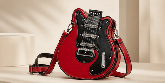 Red statement purse with black jeans - bold guitar shaped crossbody bag
