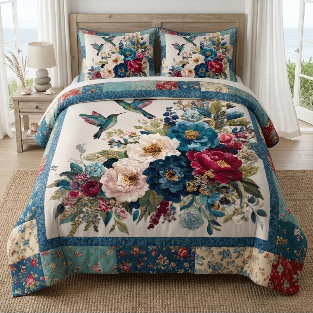 Floral Hummingbird Patchwork 3-Piece Duvet Cover Set