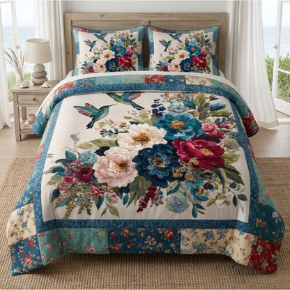 Floral Hummingbird Patchwork 3-Piece Duvet Cover Set