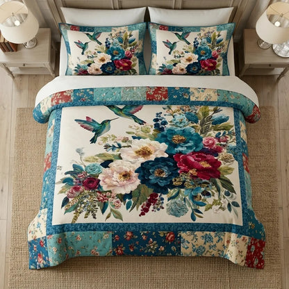 Floral Hummingbird Patchwork 3-Piece Duvet Cover Set