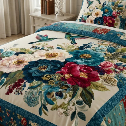 Floral Hummingbird Patchwork 3-Piece Duvet Cover Set