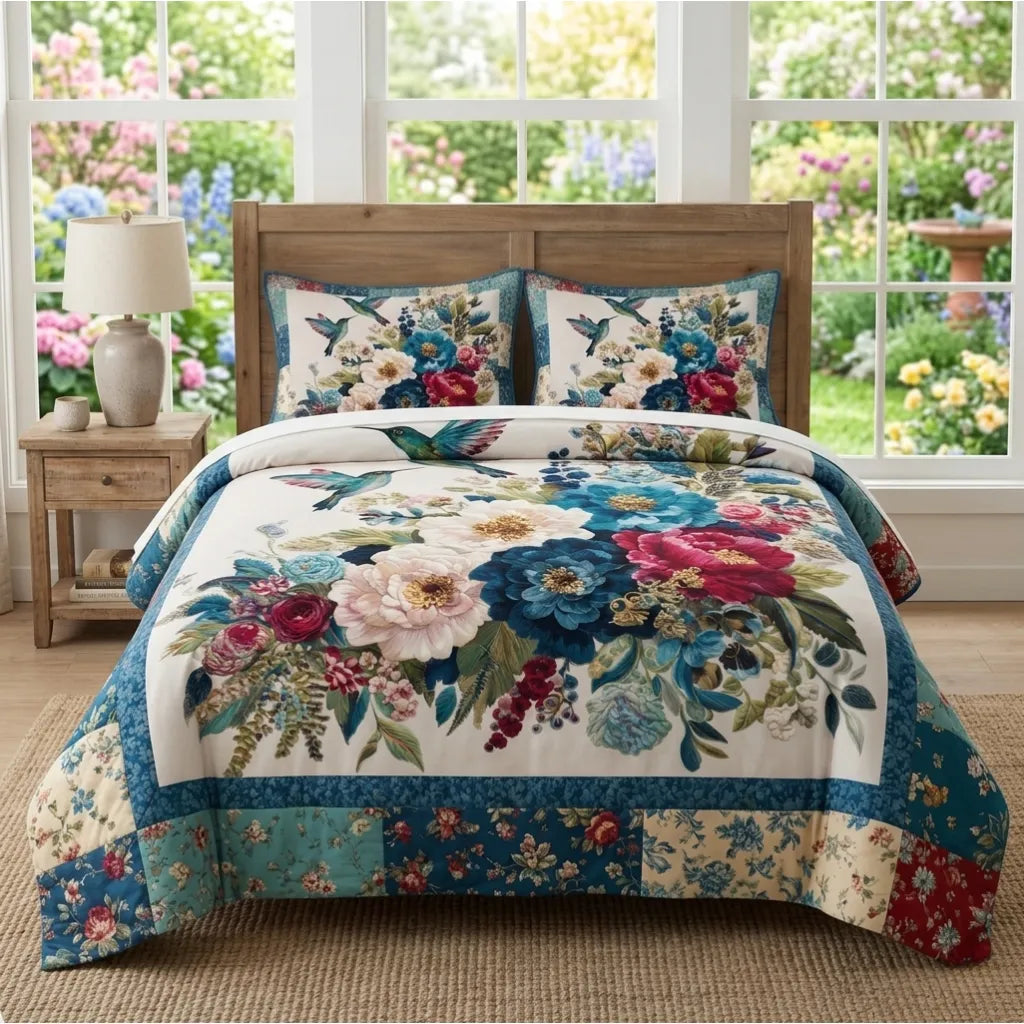 Floral Hummingbird Patchwork 3-Piece Duvet Cover Set