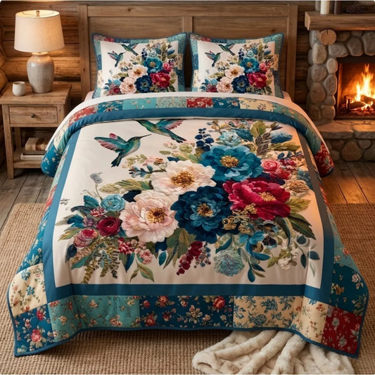 Floral Hummingbird Patchwork 3-Piece Duvet Cover Set