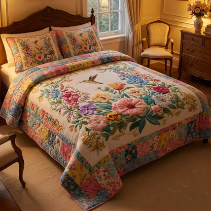 Pastoral Floral Hummingbird 3-Piece Duvet Cover Set