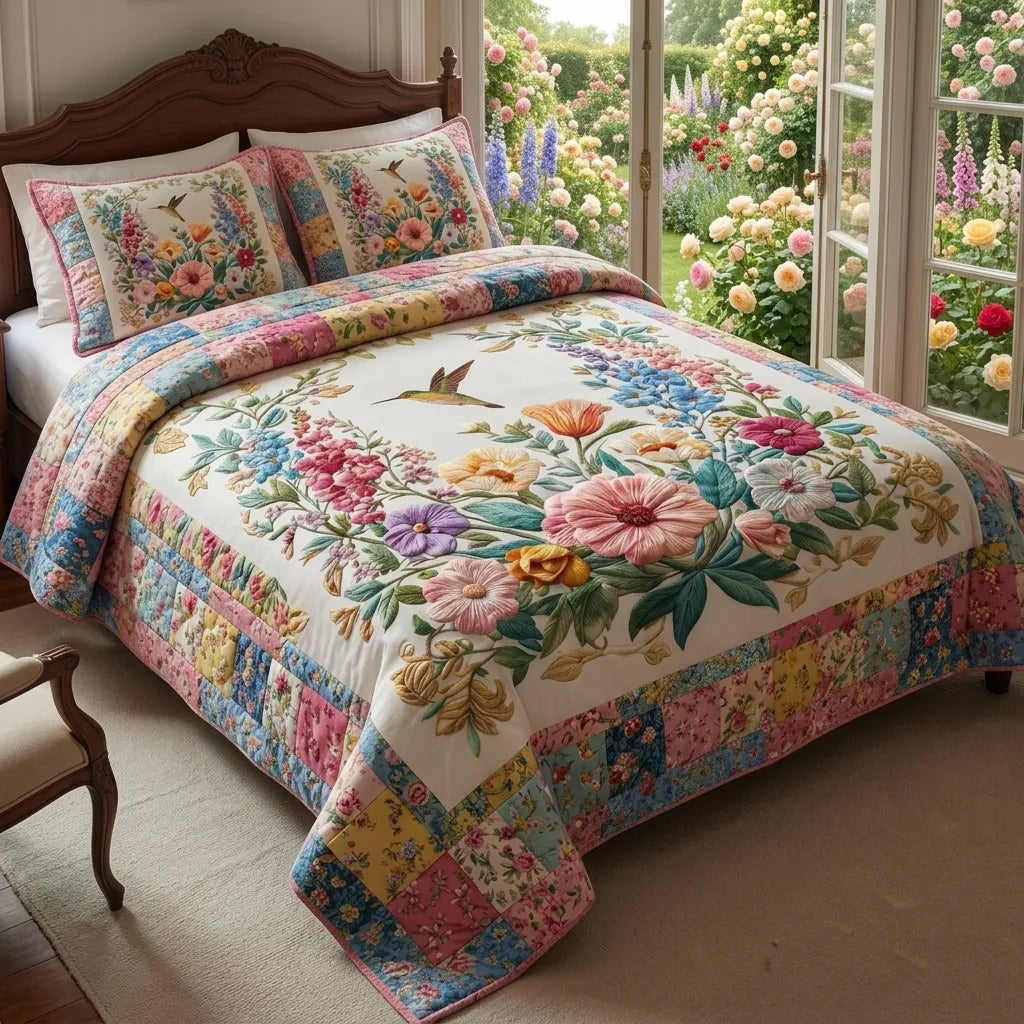 Pastoral Floral Hummingbird 3-Piece Duvet Cover Set