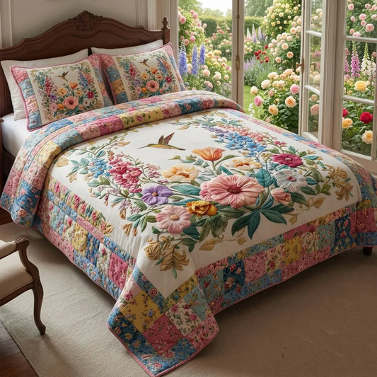 Pastoral Floral Hummingbird 3-Piece Duvet Cover Set