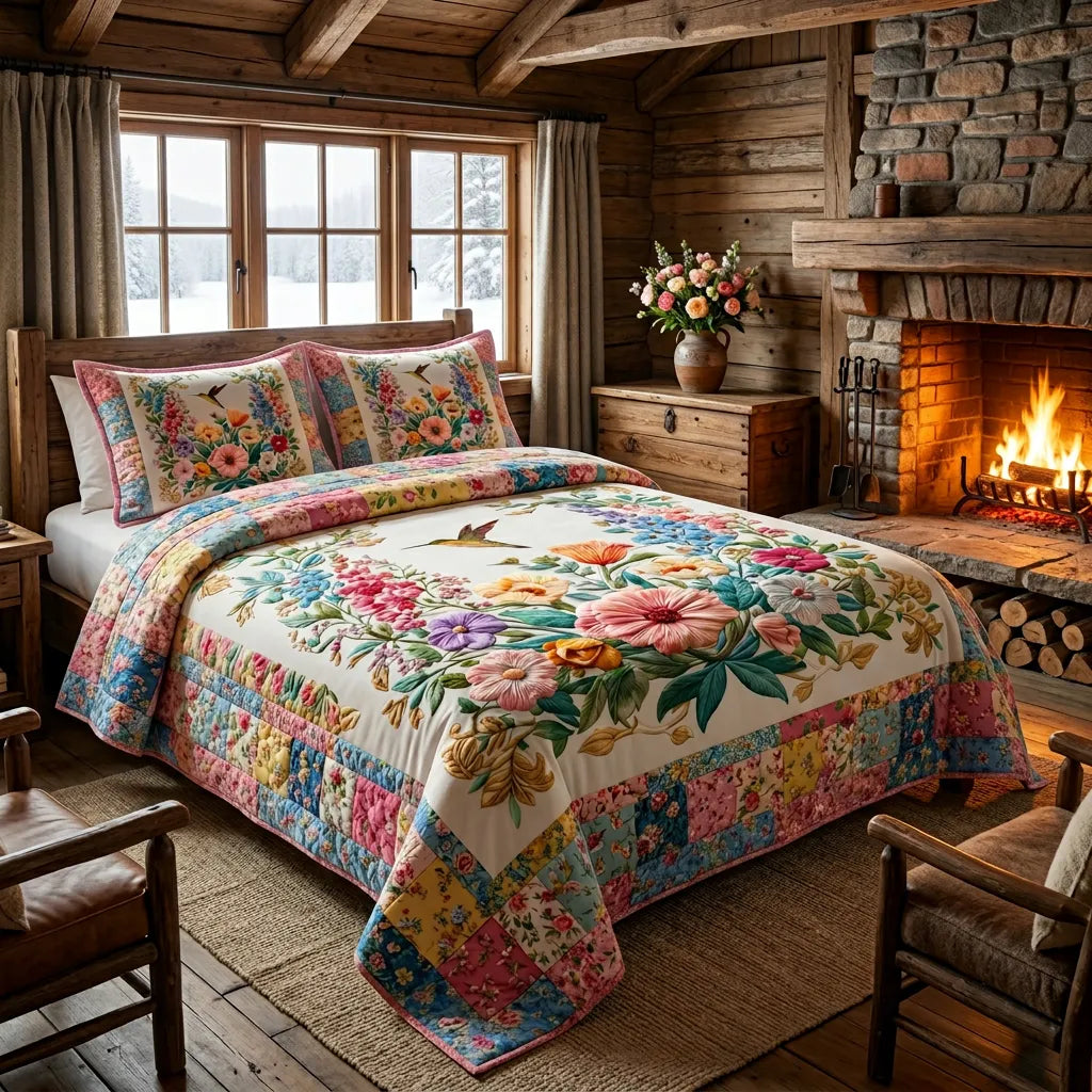 Pastoral Floral Hummingbird 3-Piece Duvet Cover Set