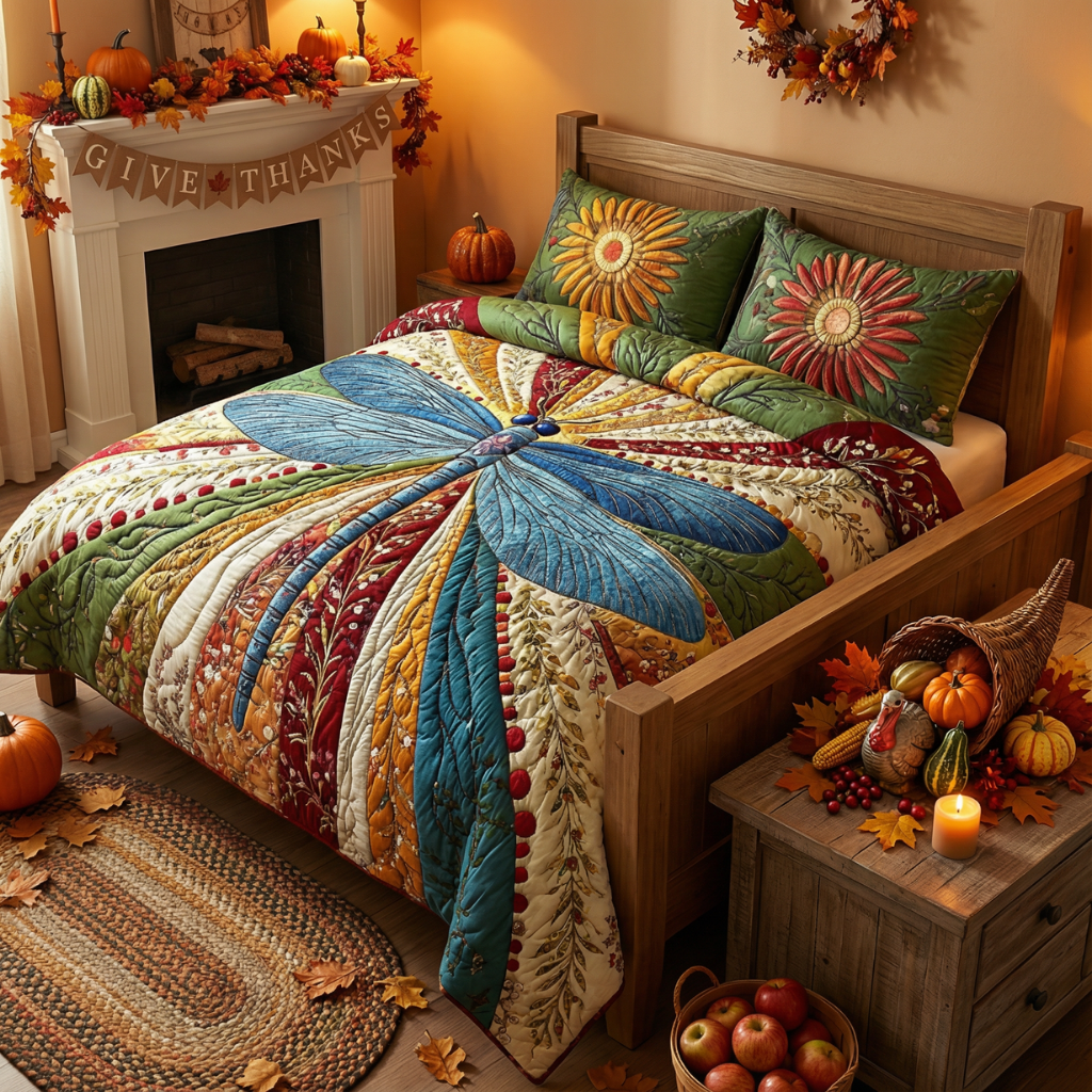 Vintage Dragonfly Garden 3-Piece Quilted Bedding Set