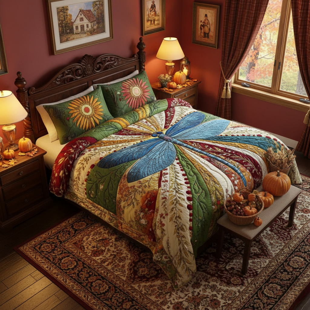 Vintage Dragonfly Garden 3-Piece Quilted Bedding Set