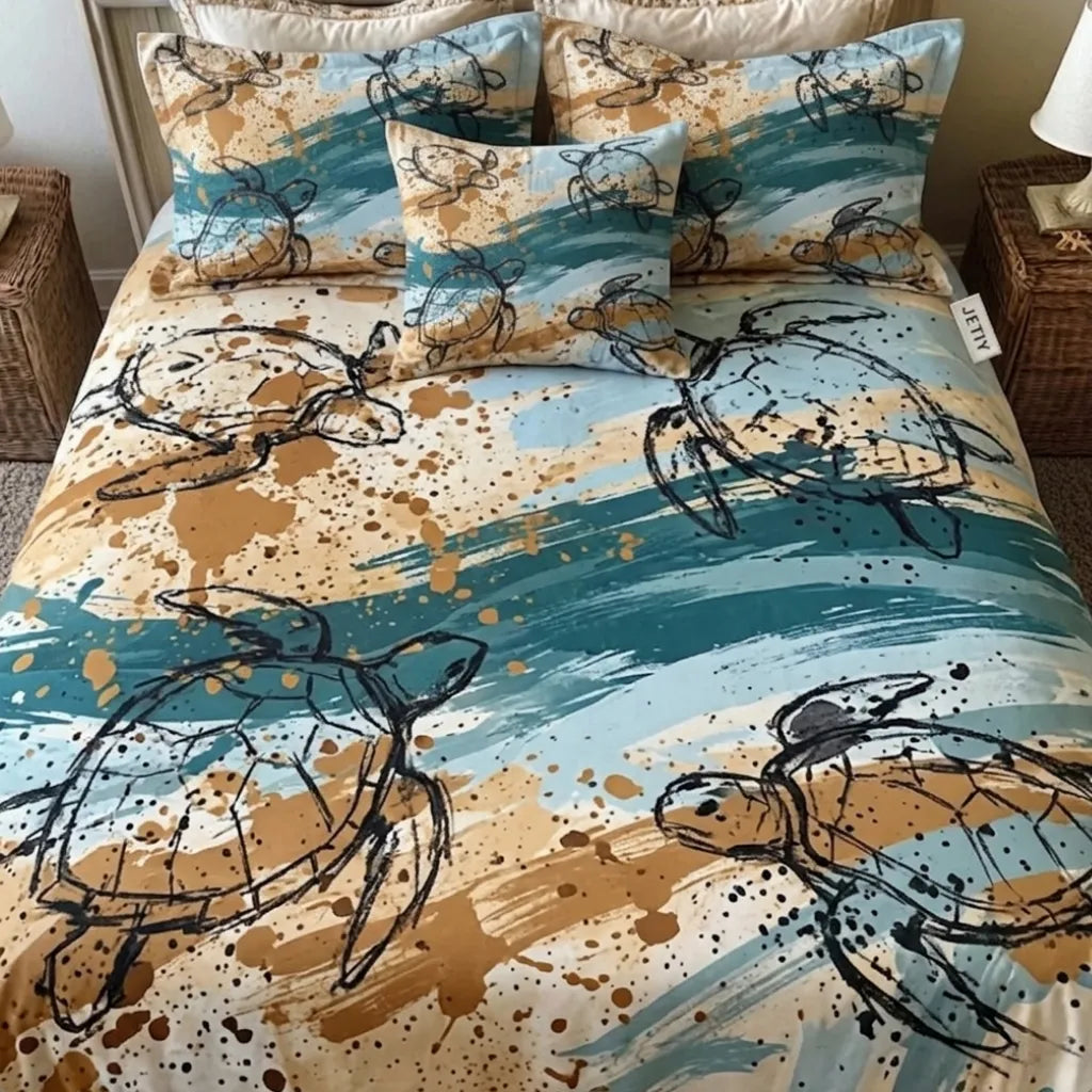 Urban Coastal Artistic Turtle 3-Piece Duvet Cover Set