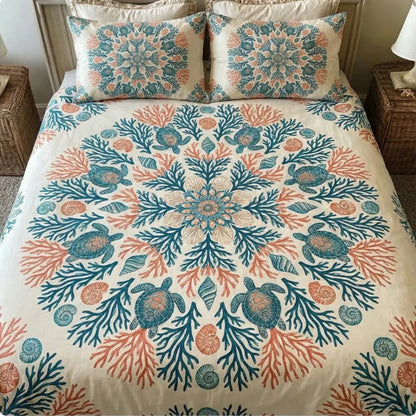 Coral Mandala Turtle 3-Piece Duvet Cover Set