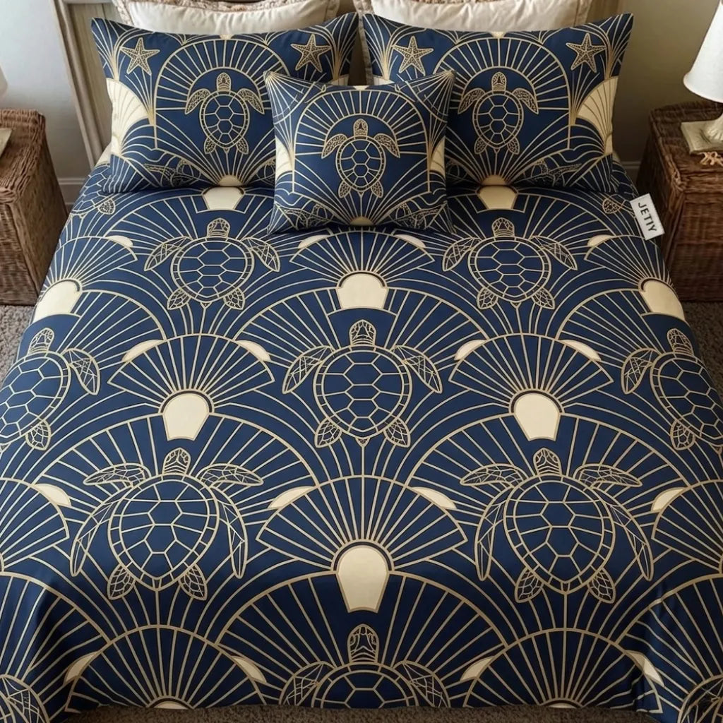 Art Deco Gold Sea Turtle 3-Piece Duvet Cover Set