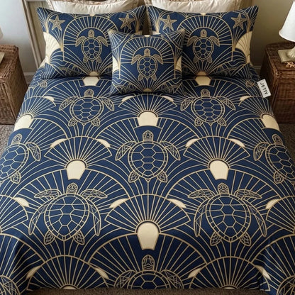 Art Deco Gold Sea Turtle 3-Piece Duvet Cover Set