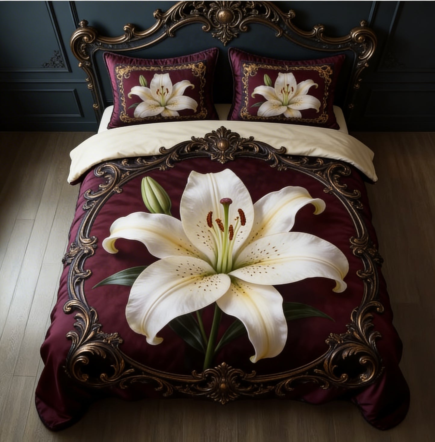 Burgundy Lily Ornate Baroque 3-Piece Duvet Cover Set