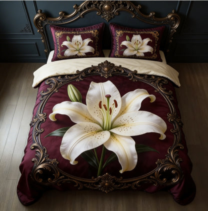 Burgundy Lily Ornate Baroque 3-Piece Duvet Cover Set