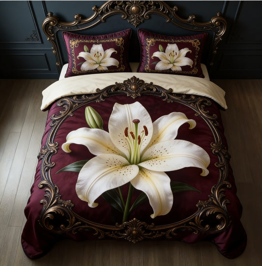 Burgundy Lily Ornate Baroque 3-Piece Duvet Cover Set