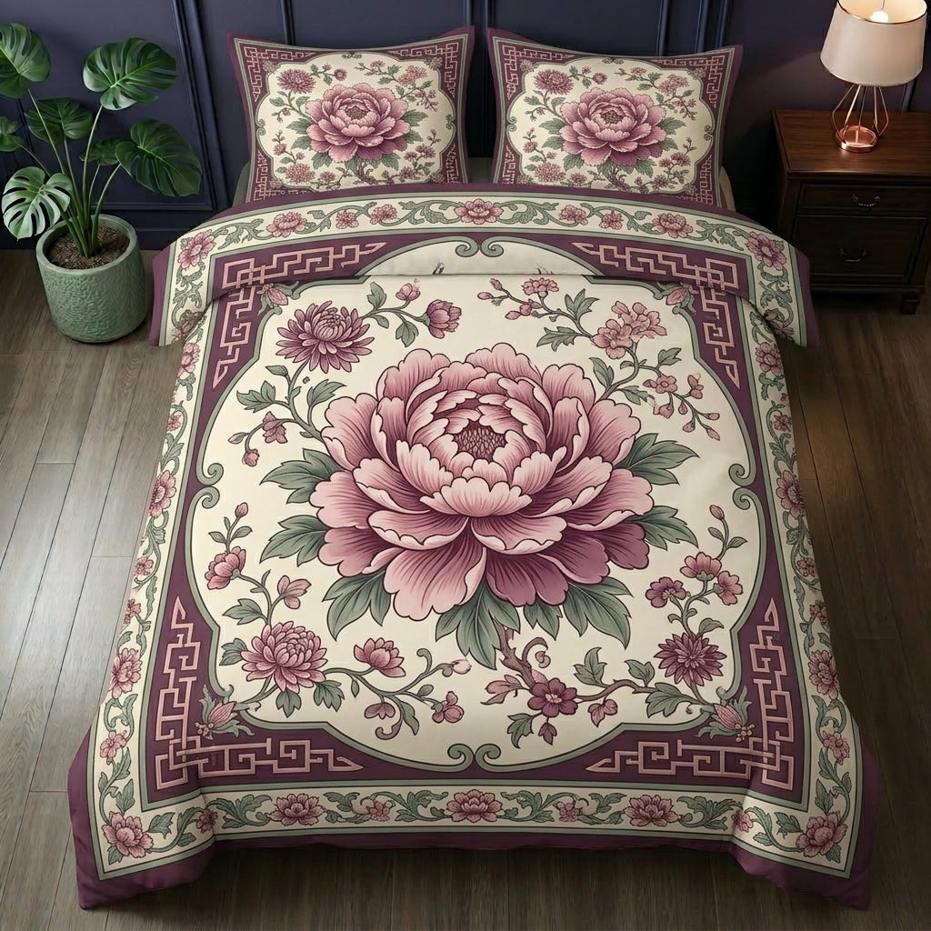 Burgundy Peony Oriental 3-Piece Duvet Cover Set