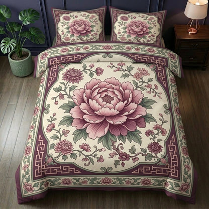 Burgundy Peony Oriental 3-Piece Duvet Cover Set