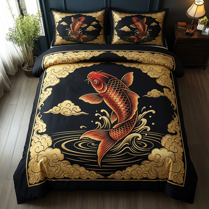 Golden Koi Oriental 3-Piece Duvet Cover Set