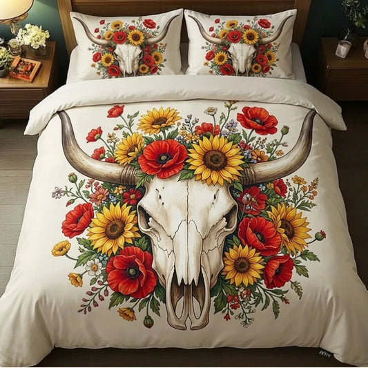 Floral Bull Skull 3-Piece Duvet Cover Set