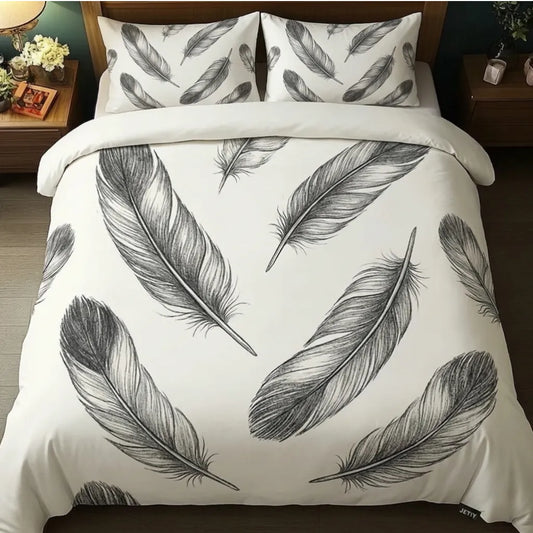 Black Feather Sketch 3-Piece Duvet Cover Set