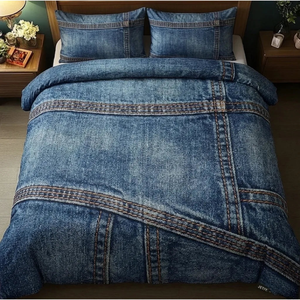 Denim Blue Jeans Print 3-Piece Duvet Cover Set
