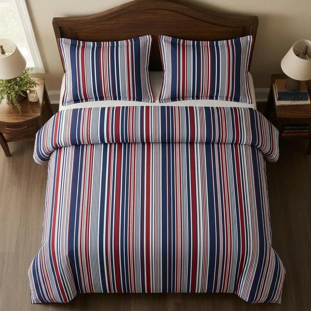 Red Navy Blue Striped 3-Piece Duvet Cover Set