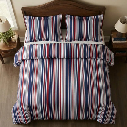 Red Navy Blue Striped 3-Piece Duvet Cover Set
