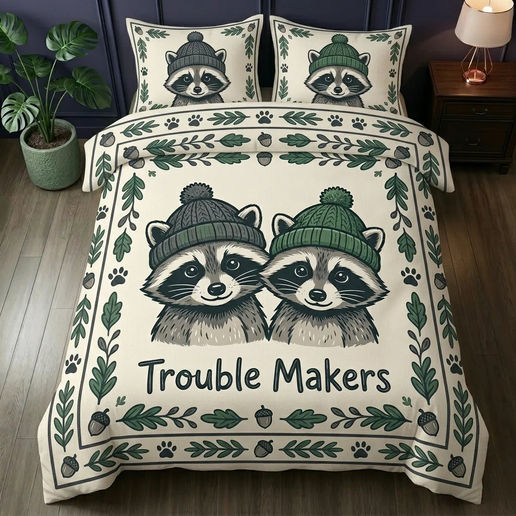 Raccoon Trouble Makers Beige 3-Piece Duvet Cover Set