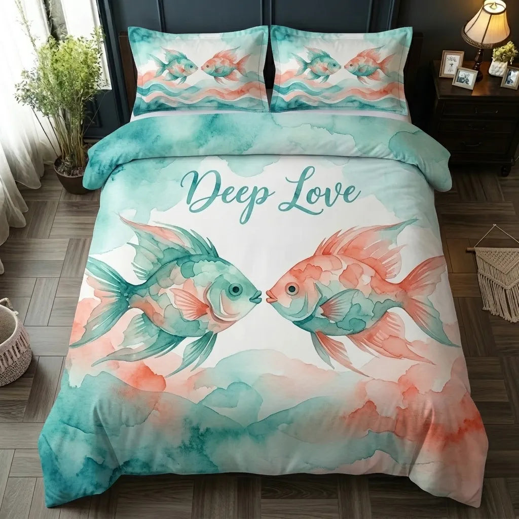 Watercolor Deep Love Fish 3-Piece Duvet Cover Set
