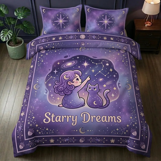 Celestial Galaxy Girl Cat 3-Piece Duvet Cover Set