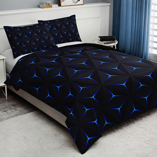 3D Blue Geometric 3-Piece Duvet Cover Set