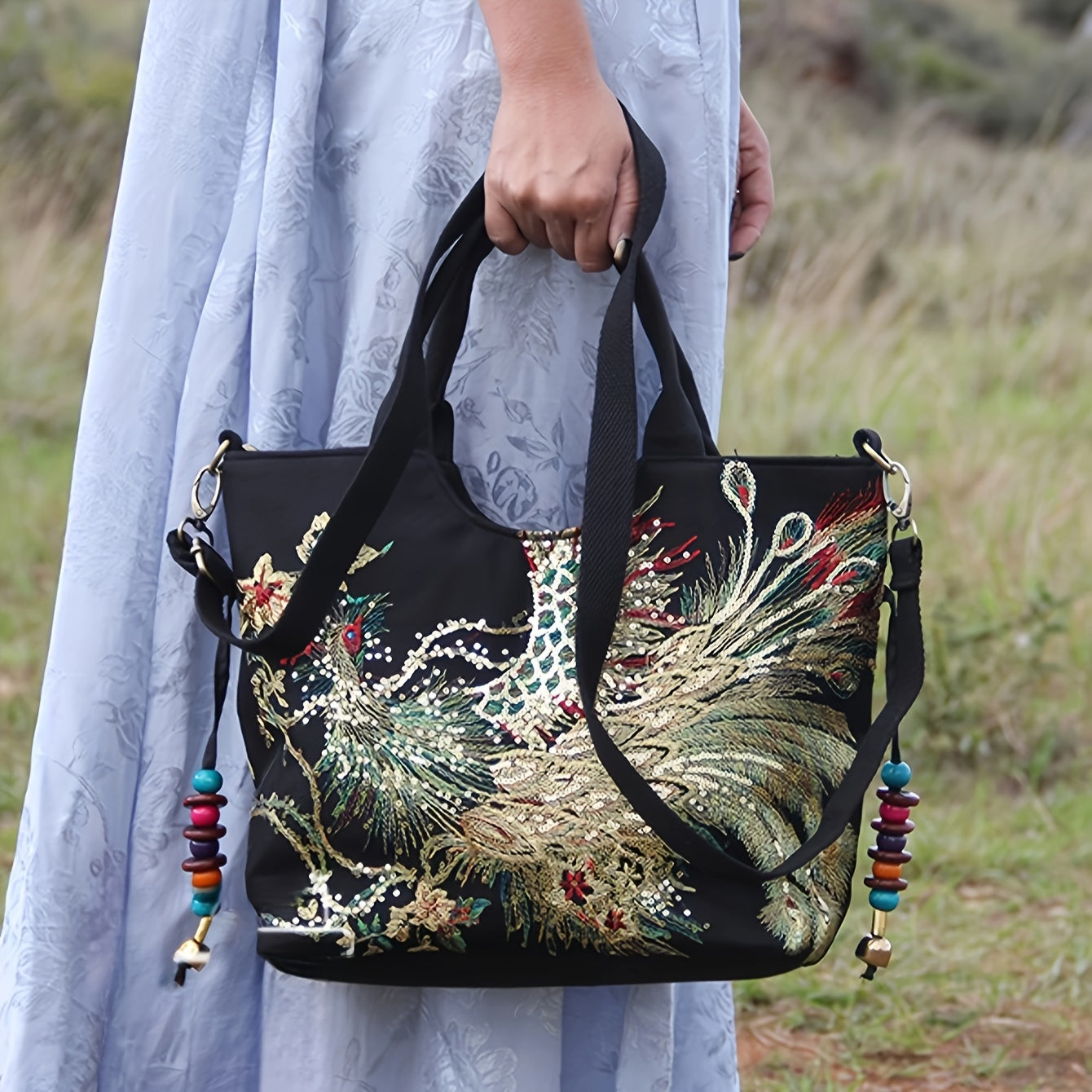 Phoenix Embroidered Canvas Satchel