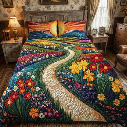 Colorful Flower Meadow Path 3-Piece Quilted Bedding Set