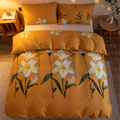 Yellow Lily Floral 3-Piece Duvet Cover Set