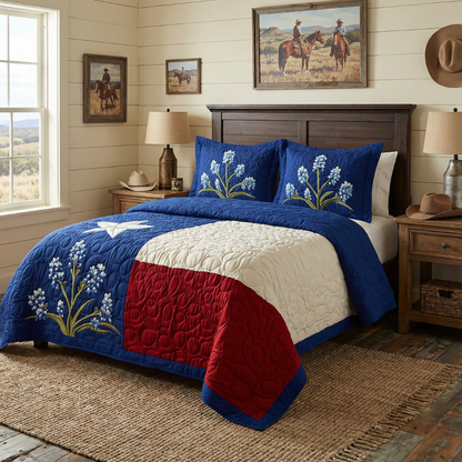Texas Bluebonnet Flag 3-Piece Quilted Bedding Set