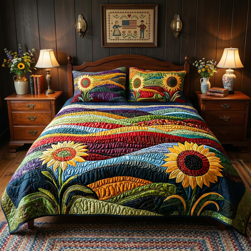 Bright Sunflower Meadow 3-Piece Quilted Bedding Set