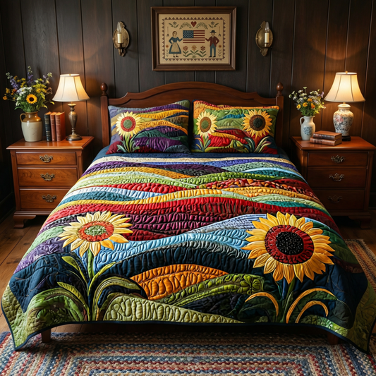 Bright Sunflower Meadow 3-Piece Quilted Bedding Set