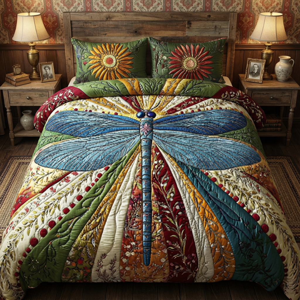 Vintage Dragonfly Garden 3-Piece Quilted Bedding Set