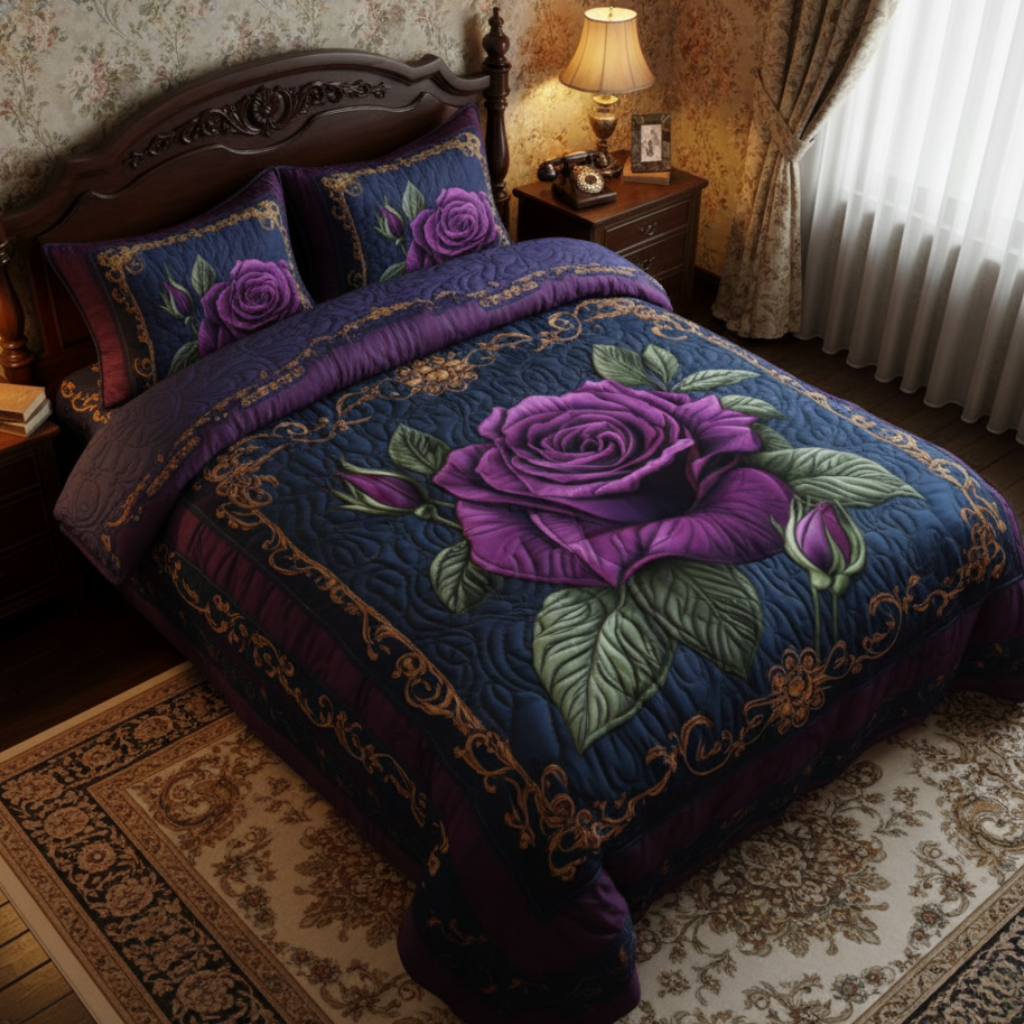 Regal Velvet Rose 3-Piece Quilted Bedding Set