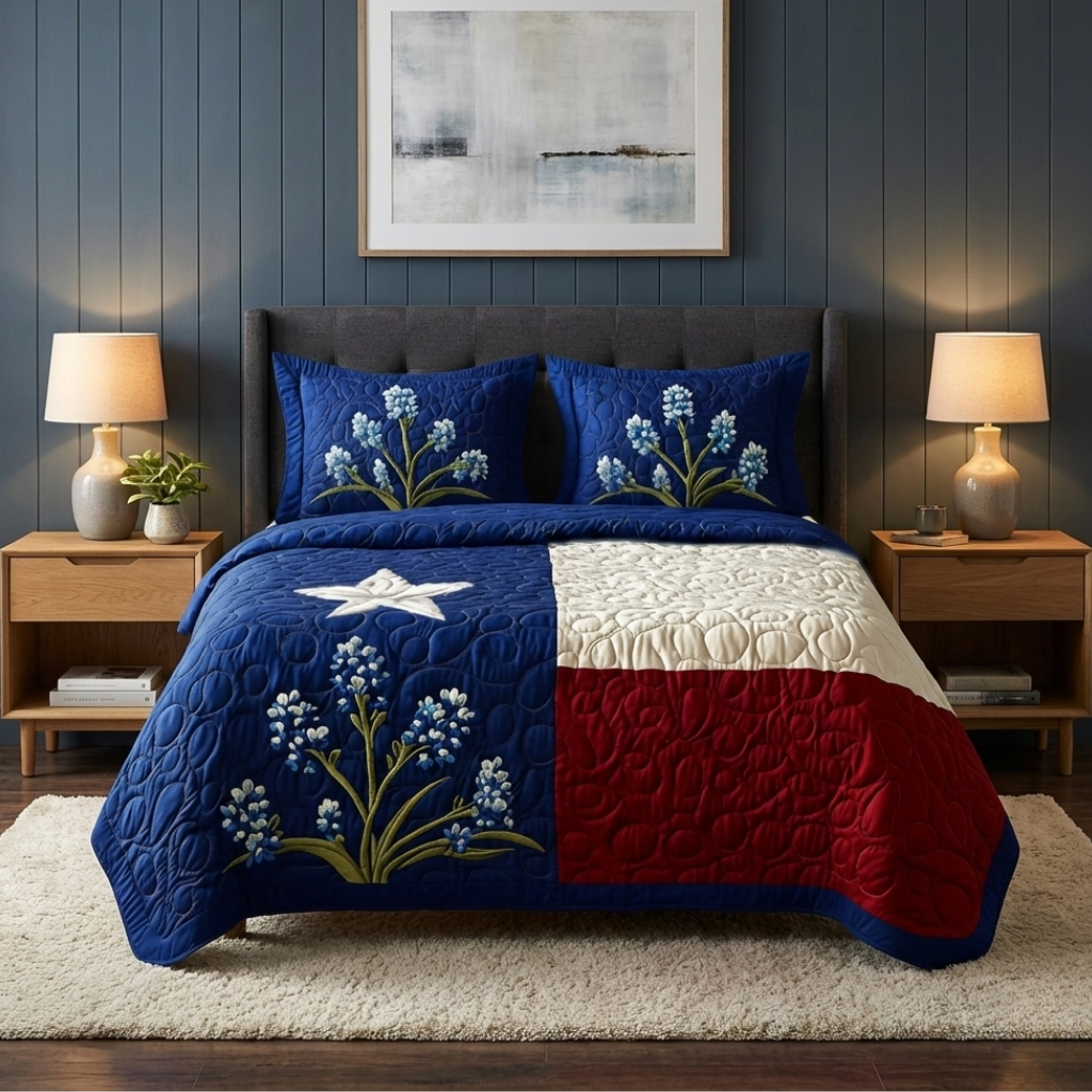Texas Bluebonnet Flag 3-Piece Quilted Bedding Set