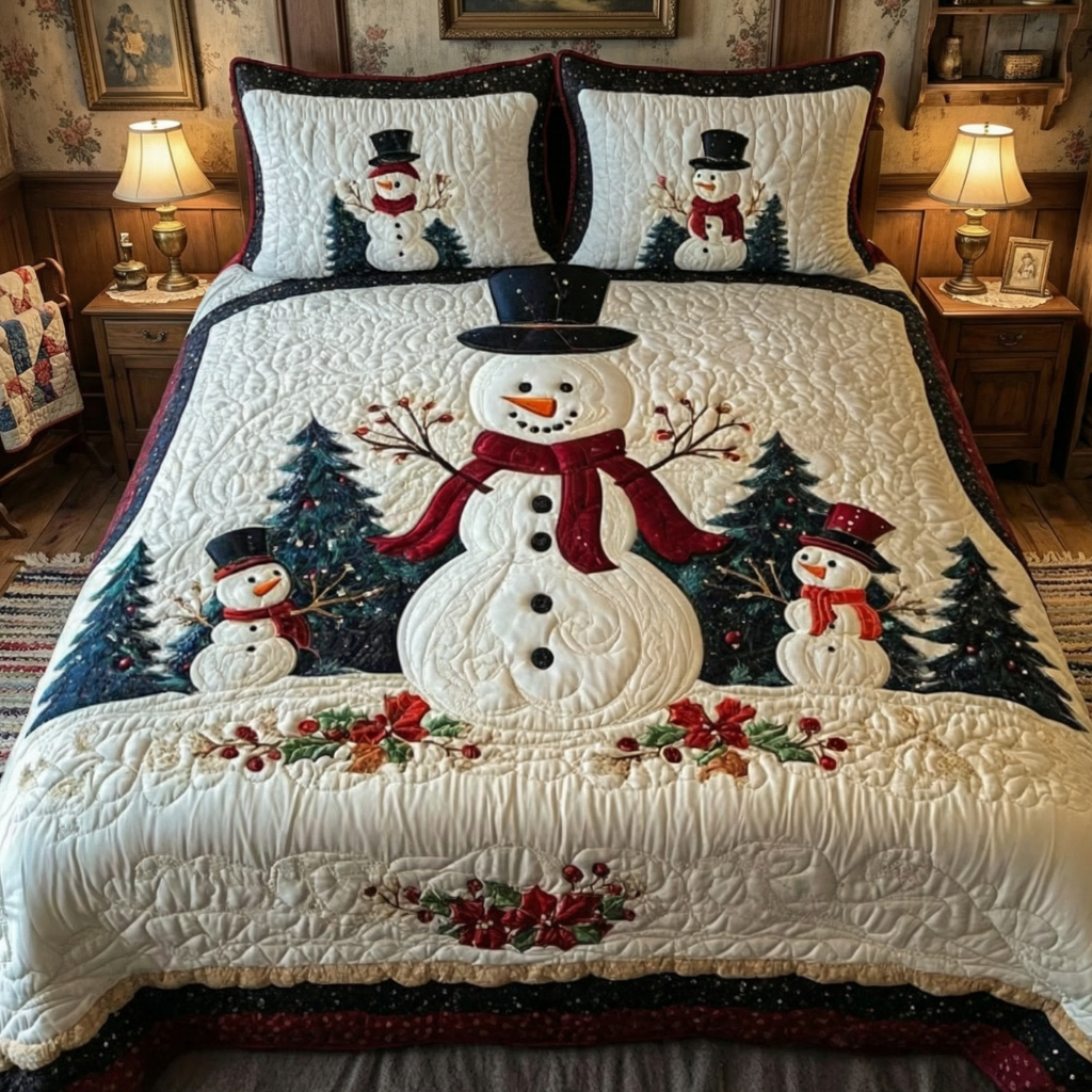 Snowman Family Holiday 3-Piece Quilted Bedding Set
